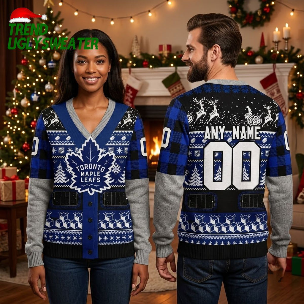 Toronto Maple Leafs Custom Name And Number Hockey Jersey Blue Ugly Christmas Sweater