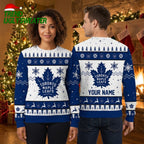 Toronto Maple Leafs Custom Name Maple Leaf Snowflake Blue And White Ugly Christmas Sweater