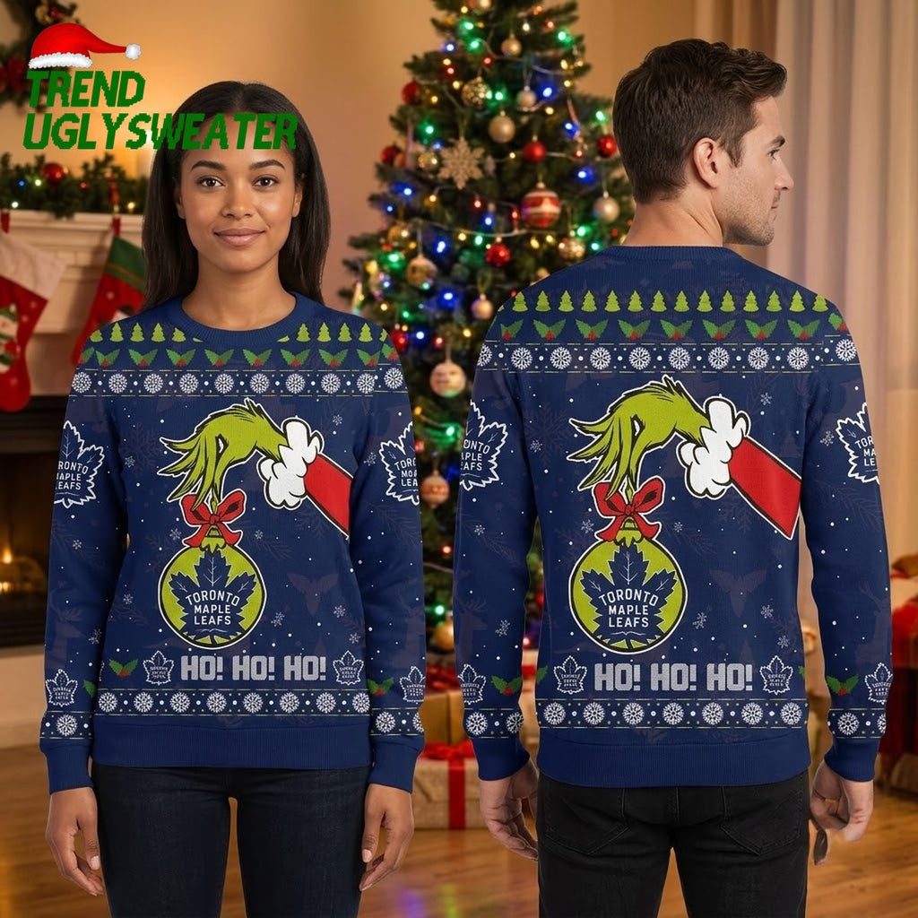 Toronto Maple Leafs Grinch Hand And Christmas Stocking Navy Blue Ugly Christmas Sweater