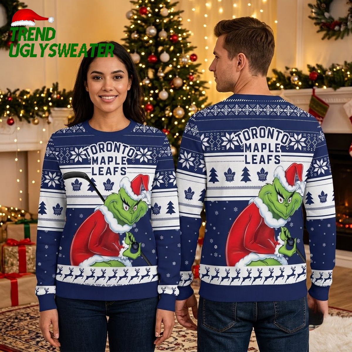 Toronto Maple Leafs Grinch Hockey Santa Navy Blue Ugly Christmas Sweater