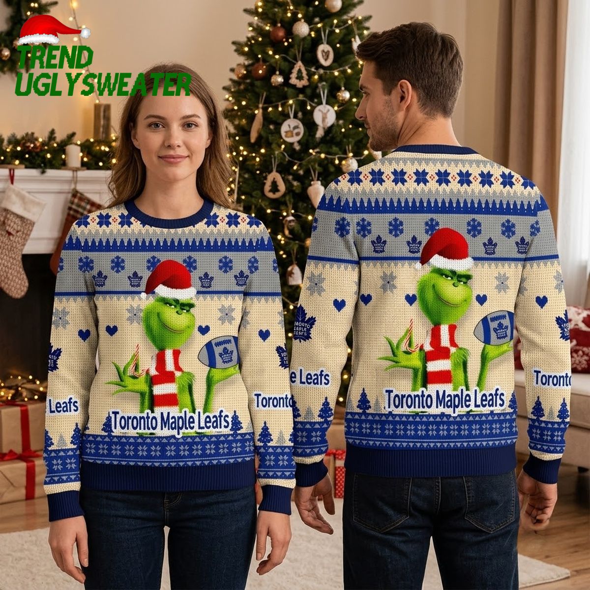 Toronto Maple Leafs Grinch Santa Hat Cream Ugly Christmas Sweater