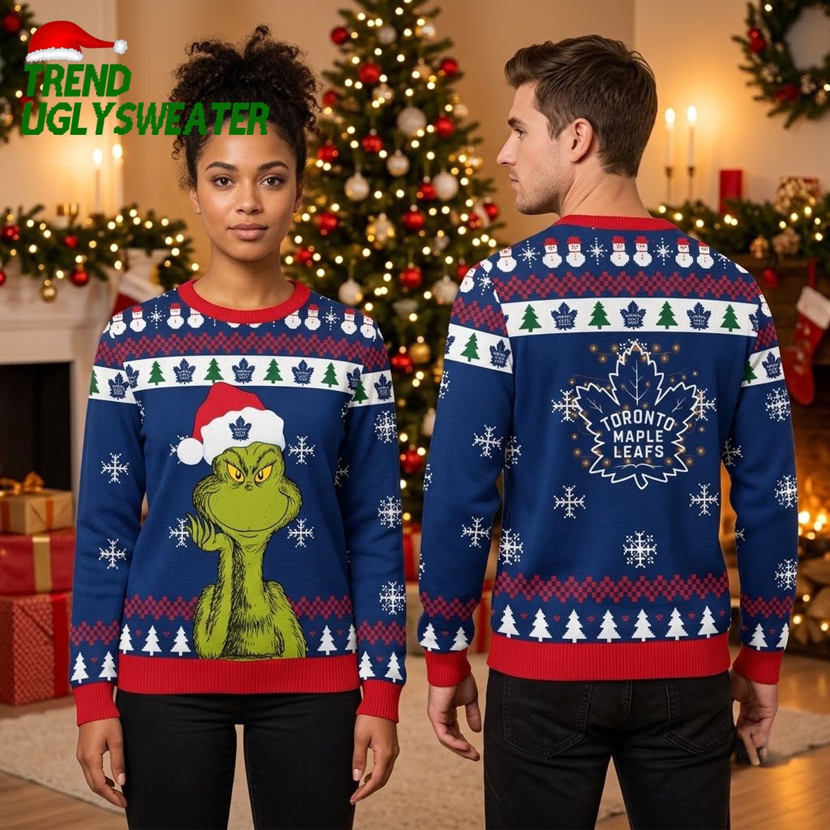 Toronto Maple Leafs Grinch Santa Hat Toronto Maple Leafs Logo Pattern Ugly Christmas Sweater