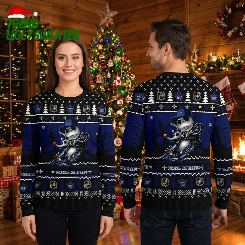 Toronto Maple Leafs Jack Skellington Hockey Player Navy Blue Ugly Christmas Sweater