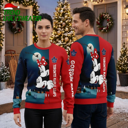 Toronto Maple Leafs Mickey And Minnie Mouse Custom Name Ugly Christmas Sweater