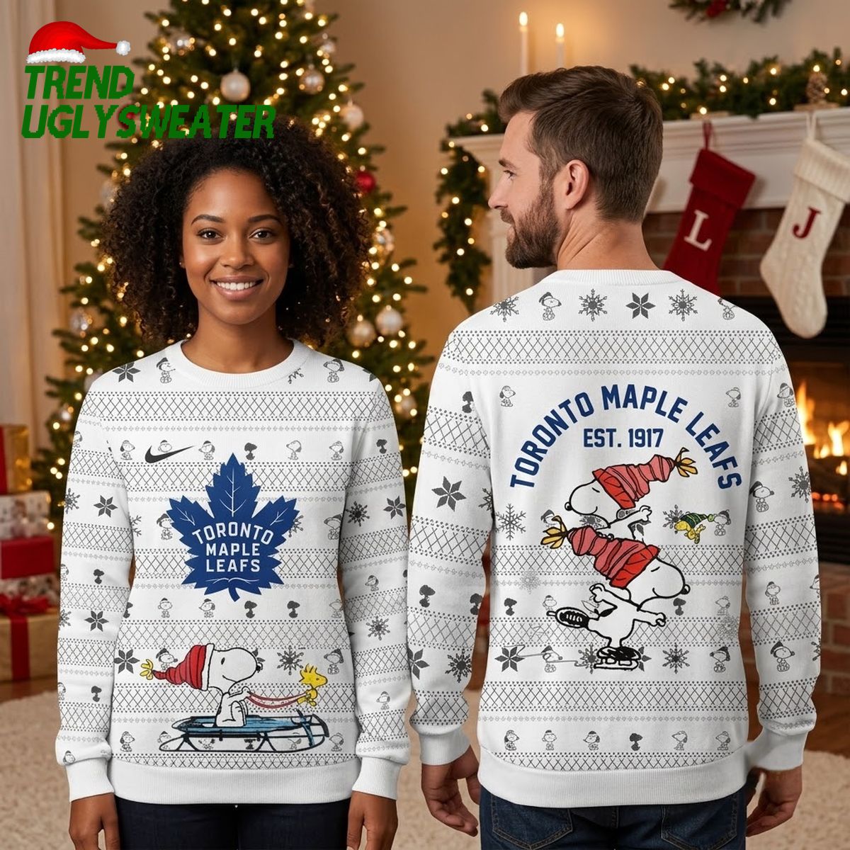 Toronto Maple Leafs Snoopy Christmas Skating White Ugly Christmas Sweater