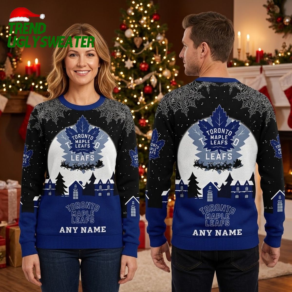 Toronto Maple Leafs Snowy Village Custom Name Black And Blue Ugly Christmas Sweater