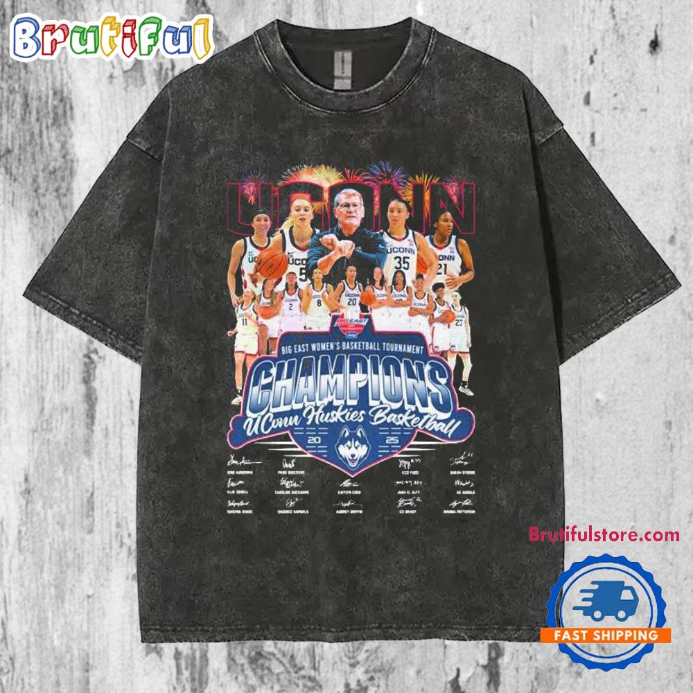 UConn Huskies Big East Women’s Basketball Tournament Champions 2025 Signatures Mineral Wash T Shirt