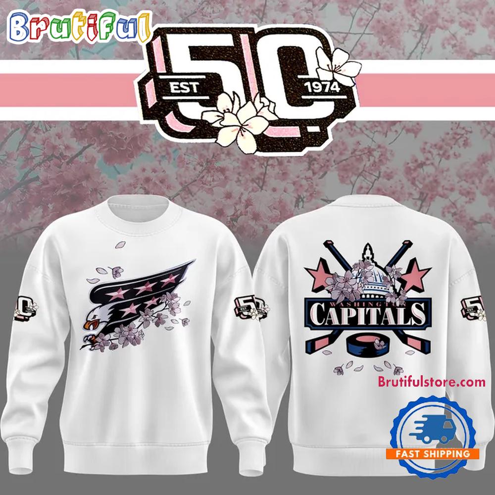 Washington Capitals NHL 2025 Cherry Blossom 50th Anniversary White Hoodie T-Shirt