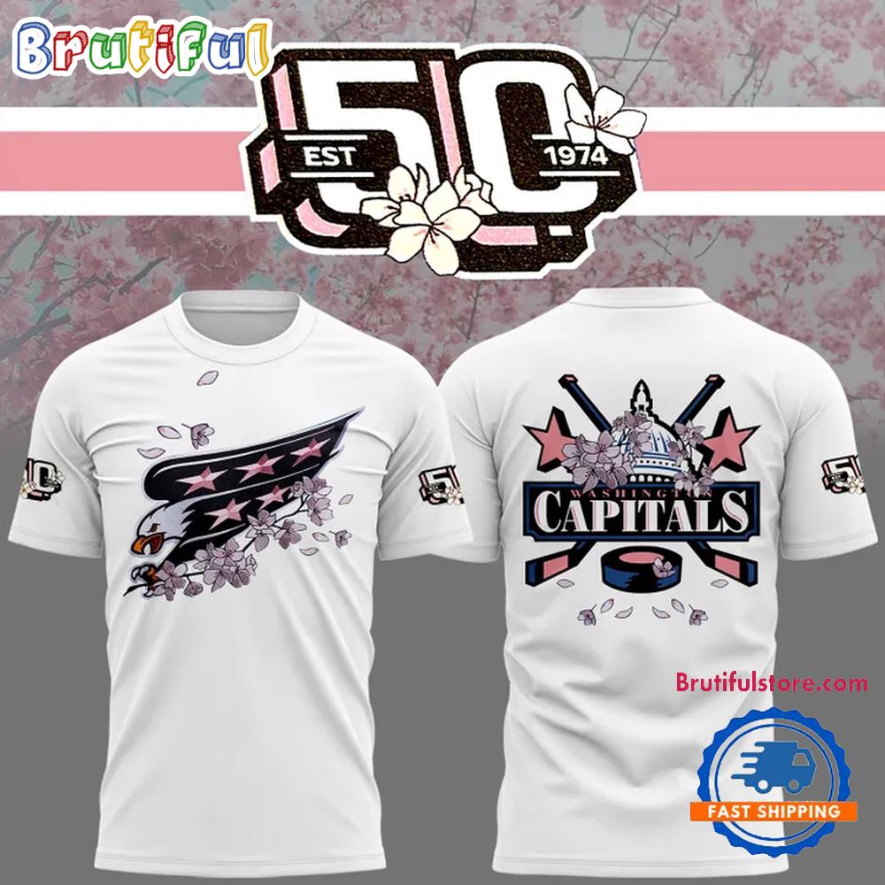 Washington Capitals NHL 2025 Cherry Blossom 50th Anniversary White Hoodie T-Shirt