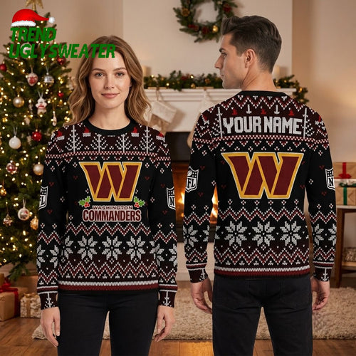 Washington Commanders Custom Name Snowflake Logo Ugly Christmas Sweater