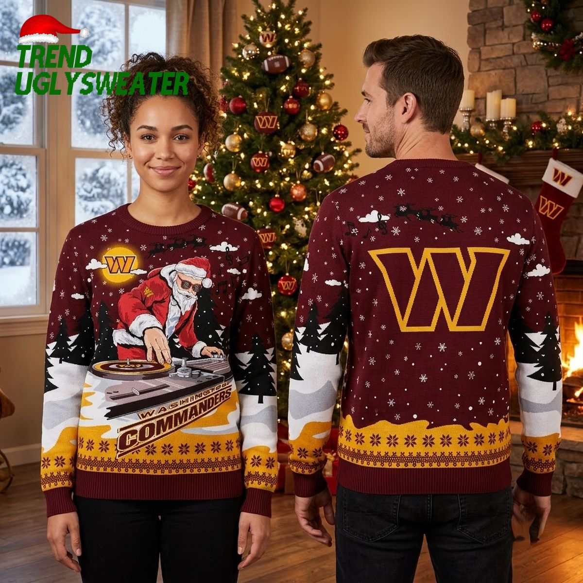 Washington Commanders DJ Santa Claus Turntable Ugly Christmas Sweater