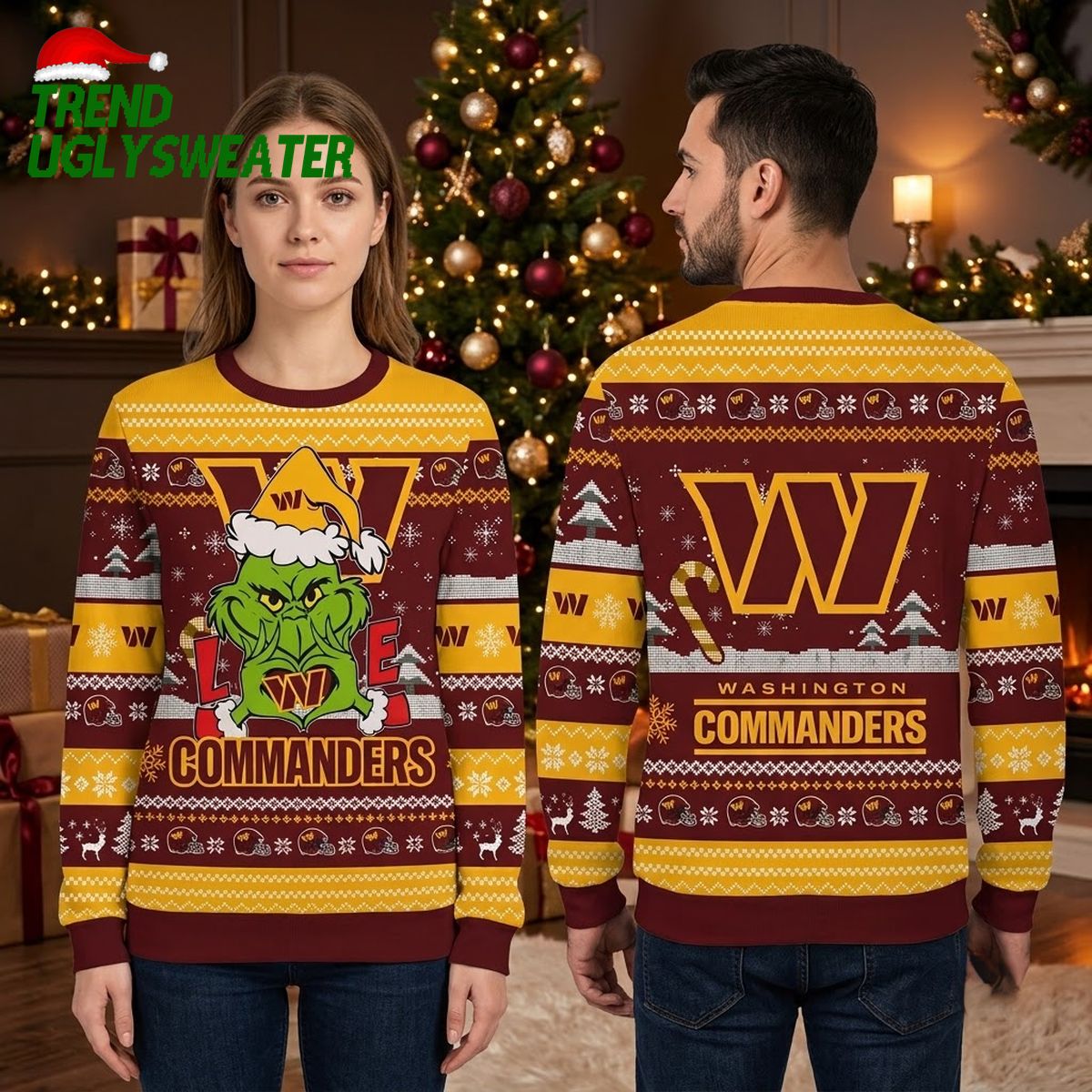 Washington Commanders Grinch Santa Hat Ugly Christmas Sweater